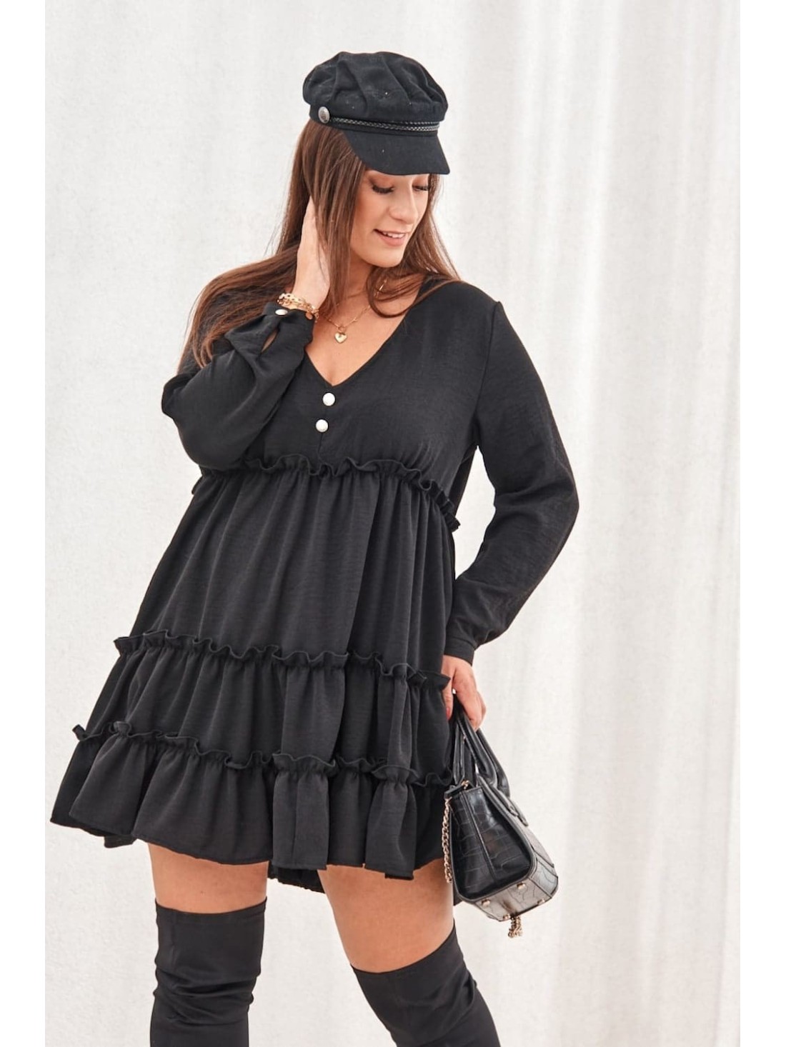 Locker geschnittenes Kleid mit Rüschen, Schwarz 0544 - Online-Shop - Boutique